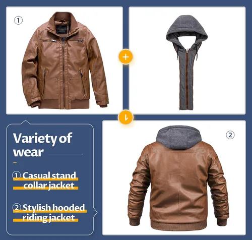Miniatura 4 de CREATMO US Chaqueta de piel sintética para hombre, impermeable, resistente al viento, PU con capucha extraíble