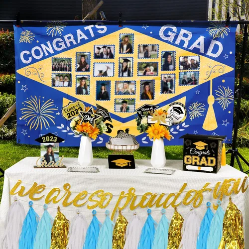 Miniatura 7 de Decoraciones para fiestas de graduación 2023, juego de 60 piezas: telón de fondo grande para foto, caja de tarjetas de graduación, palos de centro