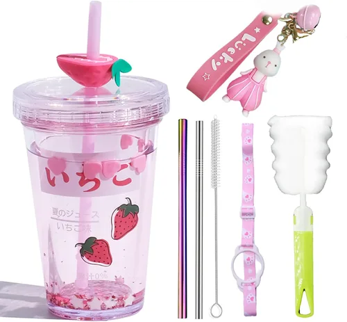 Vaso de viaje de fresa con pajilla, taza espumosa, botella de agua con purpurina para fiesta, regalo de picnic (fresa roja, 10.8 fl oz)