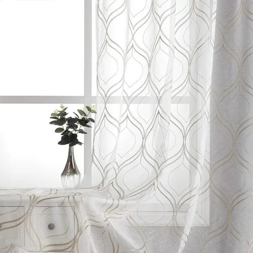 Miniatura 23 de VISIONTEX Cortinas traslúcidas blancas de 63 pulgadas de largo, juego de 2 paneles de bordado marroquí con puntos beige, tela de gasa bordada