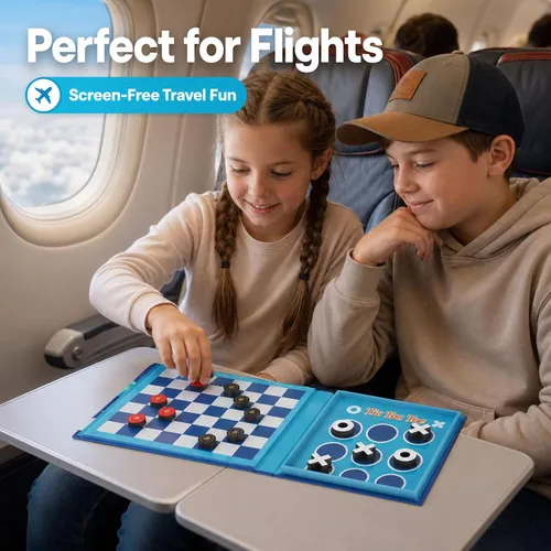 Miniatura 7 de Juego de mesa de damas y Tic-Tac-Toe 2 en 1 Juegos de viaje magnéticos para niños de 8 a 12 años Actividades de avión para niños de 8 a 12 años