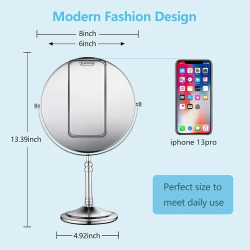 Miniatura 3 de Espejo de maquillaje plateado 1X/10X de pie libre 8 pulgadas 360 giratorio de doble cara espejo de maquillaje de mesa, metal