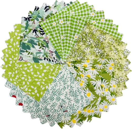 DMFR - Paquetes de dijes verdes primaverales para acolchar de 5 pulgadas, 42 unidades, cuadrados de tela 100% algodón de 5 x 5, cuadrados
