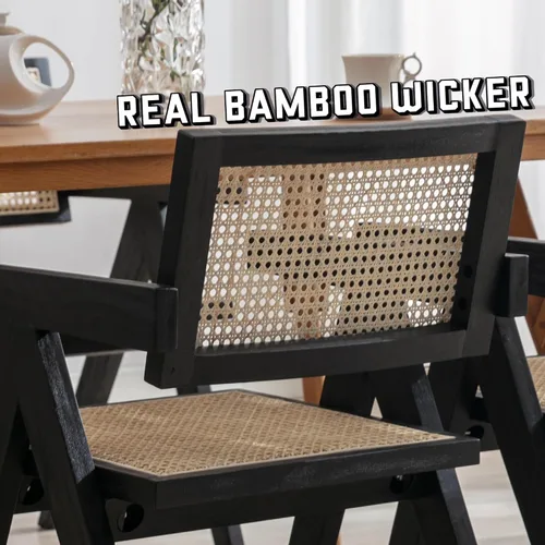 Miniatura 4 de Hyfirm Juego de 2 sillas de comedor de ratán negro, sillas de comedor de madera y caña de granja con asiento de bastón, sillones de cocina de ratán