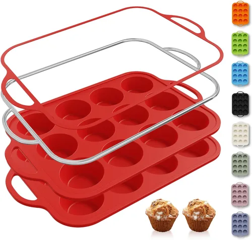 Miniatura 36 de 2 paquetes de 12 tazas de molde para magdalenas de silicona para hornear con marco reforzado de metal, molde para cupcakes de tamaño regular, Crema
