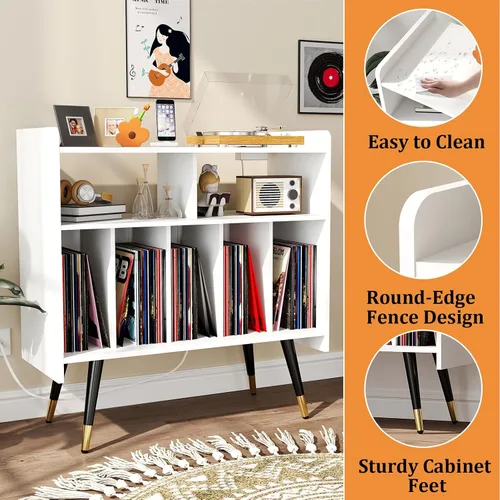 Miniatura 5 de Soporte para tocadiscos blanco: mesa de discos de vinilo de 33 pulgadas con almacenamiento, gabinete estéreo con almacenamiento de álbumes, gabinete
