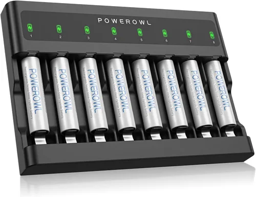 POWEROWL Baterías AAA recargables de 1000 mAh con cargador de batería inteligente de 8 bahías, baterías Ni-MH Triple A de baja autodescarga, 8