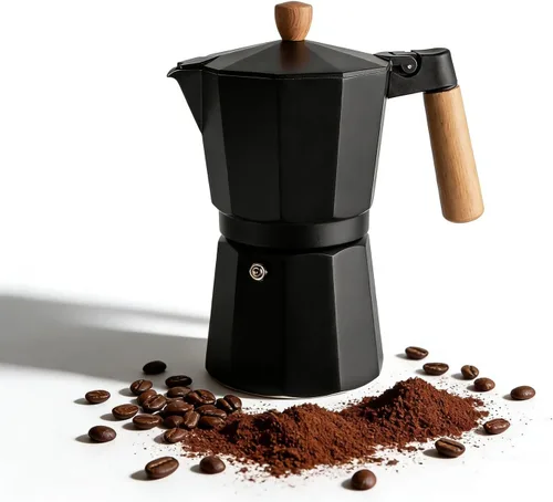 Miniatura 8 de Cafetera italiana de aluminio Moka Pot Espresso (3 tazas) (6 tazas) (9 tazas) (Beige+madera, 3 tazas de espresso)