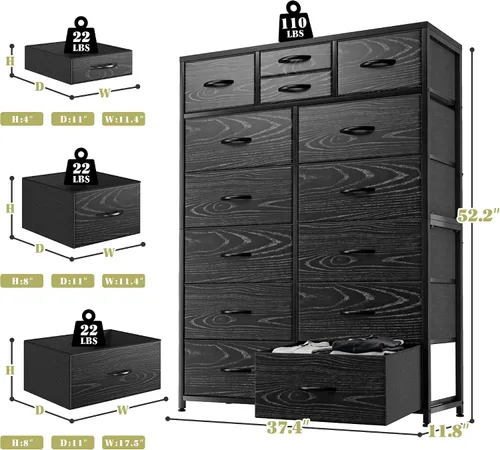Miniatura 3 de EnHomee Cómodas negras para dormitorio con 14 cajones de almacenamiento, cómodas y organizador de cajones de almacenamiento, marco de metal Negro