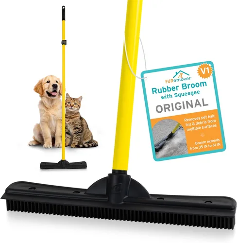 Miniatura 13 de FURemover Escoba de goma original para pelo de mascota con escoba, con mango telescópico de 58 pulgadas para alfombras, azulejos y madera dura