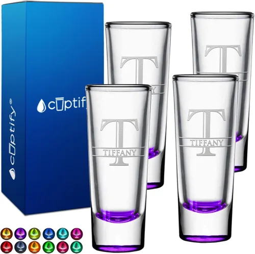 Miniatura 9 de Vaso de chupito personalizado con fondo verde azulado personalizado de 2 oz, vasos de chupito cordial con inicial en script dividido y nombre