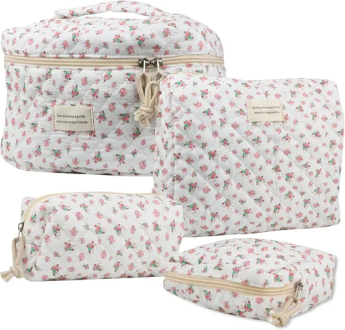 Miniatura 7 de NATINSA Linda bolsa de maquillaje para mujeres (2 piezas), bolsas de cosméticos de viaje, bolsa organizadora de aseo acolchada coqueta con flores