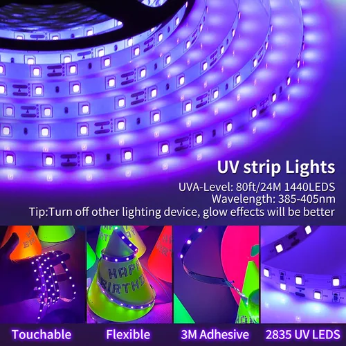 Miniatura 2 de TigQiang Tira de luz negra, 79 pies/78.7 ft de luz negra flexible con kit, 1440 cuentas de lámpara, luz LED de 12 V, decoración de Navidad