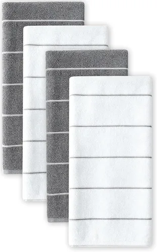 Toallas de cocina de alta calidad, superabsorbentes, suaves y gruesas, paquete de 4 toallas de cocina, 26 x 16 pulgadas, gris y blanco