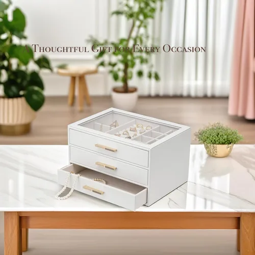 Miniatura 6 de Vlando - Joyero con 3 cajones y tapa de vidrio, organizador de cuero sintético para anillos, aretes, collares y más, estuche de joyería listo