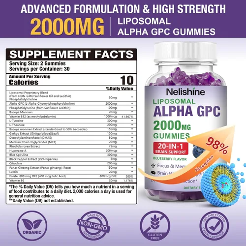 Miniatura 2 de Liposomal Alpha GPC 2000mg y Gomitas de Citicolina Complejo Fosfatidilserina, Ginkgo Biloba, L-Tirosina, Huperzina A y B Vitaminas, Mezcla 20 en 1
