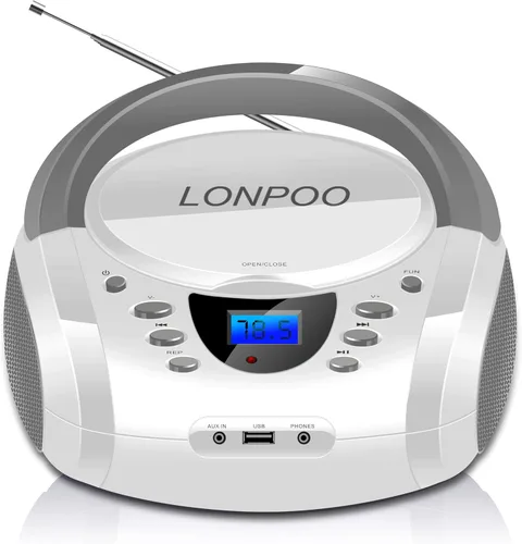 Miniatura 10 de LONPOO Reproductor de CD portátil Boombox con radio FM/USB/Bluetooth/entrada AUX y salida de jack de auriculares, altavoz de sonido estéreo