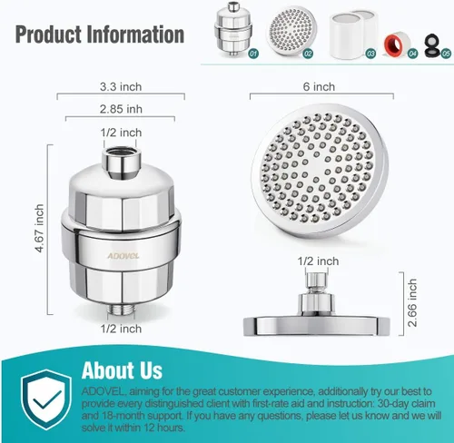 Miniatura 7 de ADOVEL - Cabezal de ducha de alta potencia y filtro de agua dura, filtro de ducha de 15 etapas elimina el cloro y sustancias nocivas, cabezal