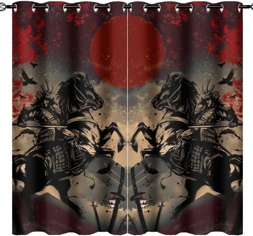 Miniatura 16 de Cortinas opacas abstractas japonesas samuráis para dormitorio, caballo samurái rústico, rojo, ojal, aislamiento térmico, cortinas de oscurecimiento