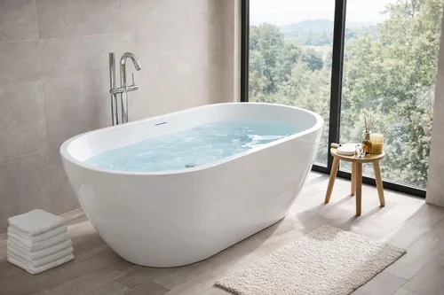 ANZZI Bañera independiente de acrílico de 59 pulgadas de fondo plano Bañera de remojo White Mone Series Diseño compacto construido en desbordamiento