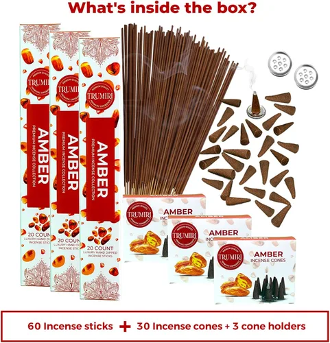 Miniatura 2 de Paquete combinado de varillas de incienso ámbar y conos de incienso, 60 varillas de incienso + 30 conos de insencia, incienso, conos de incienso