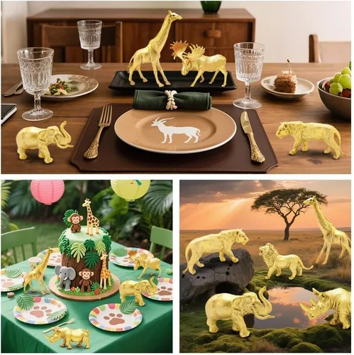 Miniatura 5 de Figuras de animales de plástico dorado metálico, 12 figuras de animales de zoológico de safari dorado, animales salvajes de la selva para decoración