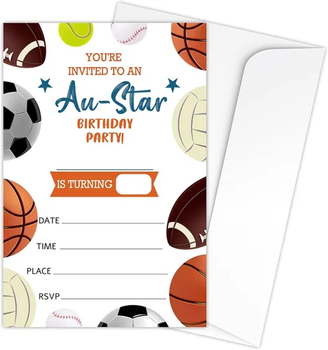 All Star - Tarjetas de invitaciones para fiestas de cumpleaños, suministros para fiestas deportivas para niños, niños o niñas, 20 invitaciones de