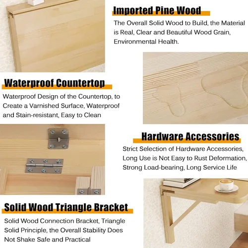 Miniatura 4 de Mesa plegable resistente para espacios pequeños, mesa plegable de madera maciza para lavandería, para montar en la pared, puede soportar 110 libras