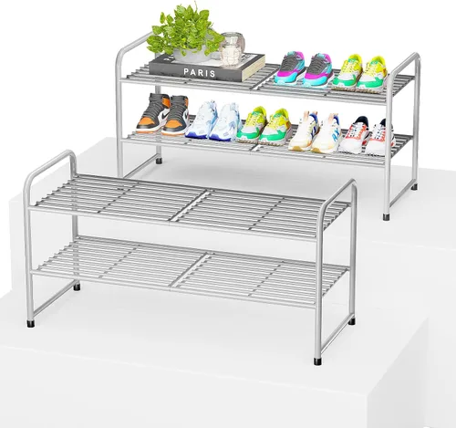 Miniatura 15 de Zapatero de 2 niveles para armario, organizador de almacenamiento de zapatos extra largo de 44 pulgadas para estantes, metal resistente, fácil