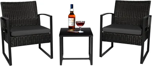 Juego de 3 muebles de mimbre para patio al aire libre, silla de ratán de polietileno con mesa auxiliar, pequeños juegos de conversación modernos