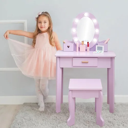 Miniatura 8 de GarveeHome Juego de tocador para niños con espejo iluminado, mesa de tocador y silla para niños, juego de maquillaje para niñas, rosa