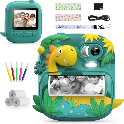 Cámara de impresión instantánea para niños, cámara de pantalla de 2.4 pulgadas para niños, dinosaurio, cámara digital con tarjeta de 32 GB y 3 Verde