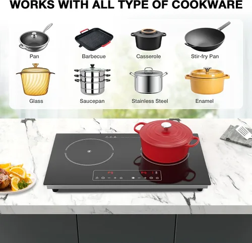 Miniatura 4 de Cocina eléctrica, 110 V, 2400 W, 2 quemadores, encimera y estufa integrada con 9 niveles de potencia, bloqueo de seguridad para niños, temporizador