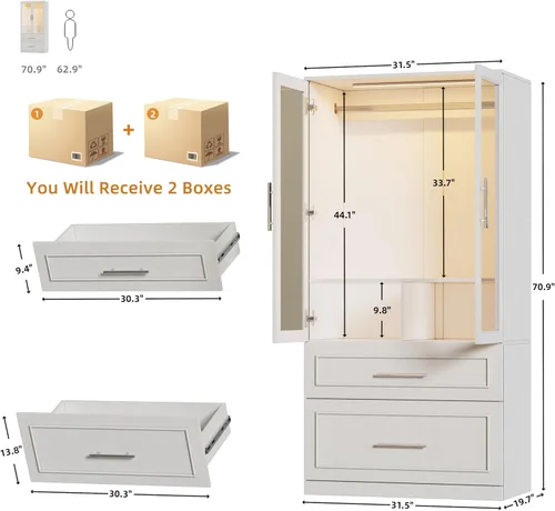 Miniatura 2 de PAKASEPT Armario Guardarropa con Puerta de Vidrio y Cajones, Gabinete Armario de Dormitorio con Barra Colgante, Armario Independiente Iluminado