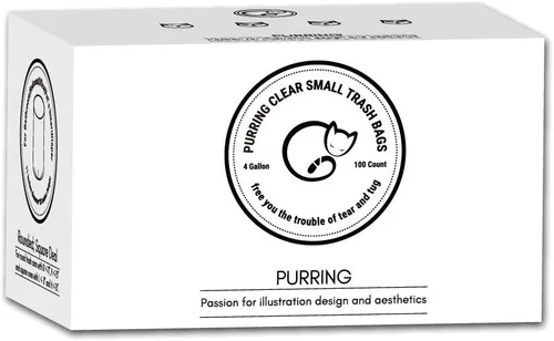 Purring Bolsas de basura pequeñas transparentes con dibujo estético de ilustración simple, bolsas de basura de 4 galones con dispensación rápida,