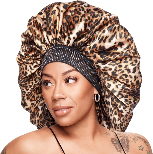 Red by Kiss Gorro de dormir sedoso con borde ancho, diseño de diamante, sin encrespamiento de Keyshia Cole, súper Jumbo (leopardo de lujo), Luxe