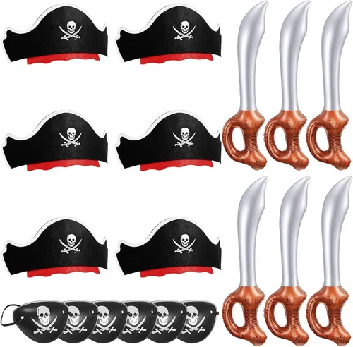 Legigo Juego de 18 piezas divertidas de fiesta pirata, incluye 6 sombreros de pirata, 6 parches para ojos, 6 espadas inflables para fiesta pirata,
