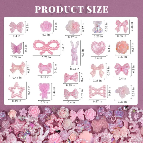 Miniatura 3 de Lindos dijes para uñas 3D, 100 piezas de conejo mariposa flor lazo, dijes de arte para uñas mixtos de diamantes de imitación de uñas con parte Rosa