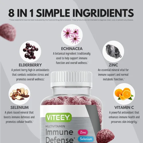 Miniatura 6 de Viteey Gomitas multivitamínicas 8 en 1 Suplemento de apoyo inmunológico con probióticos - Potenciadores inmunológicos para adultos y adolescentes