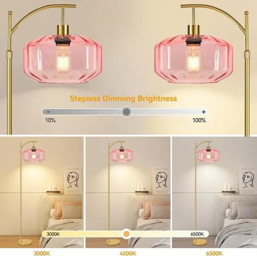 Miniatura 2 de Lámparas de pie doradas para sala de estar, dormitorio, lámpara de pie de cristal con control remoto y pantalla rosa, lámpara de pie regulable