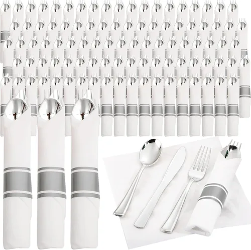 Supernal Paquete de 120 cubiertos de plástico plateado, cubiertos de plástico enrollado, servilletas preenrolladas con juego de cubiertos, juego de