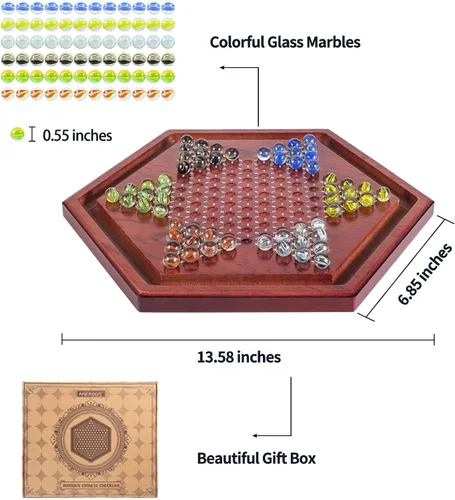 Miniatura 4 de AMEROUS Juego de mesa de damas chinas de madera de 13.6 pulgadas con 60 canicas de vidrio coloridas, juego de estrategia clásico para niños