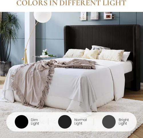 Miniatura 9 de SHA CERLIN - Base de cama tamaño Full tapizada en pana con plataforma y cabecera acolchada con diseño acanalado vertical estilo wingback, 8