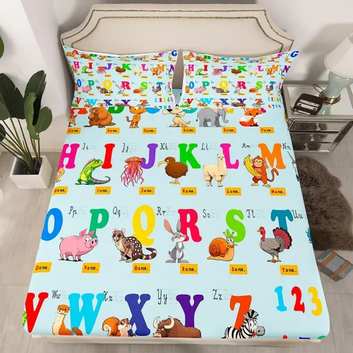Juego de sábanas bajeras educativas para niños, tamaño individual, con números del alfabeto ABC, para niños y niñas, juego de ropa de cama con Multi