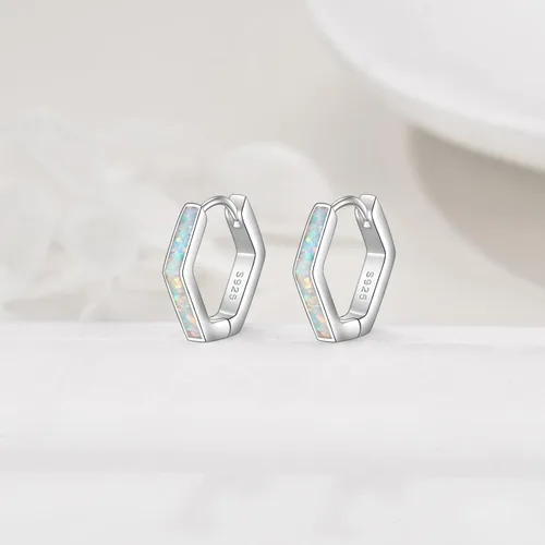 Miniatura 3 de Aretes de ópalo de plata de ley 925 geométrica hexagonalestrellaclip de papel, aretes de aro blanco ópaloconcha de abulón, regalo para mujeres