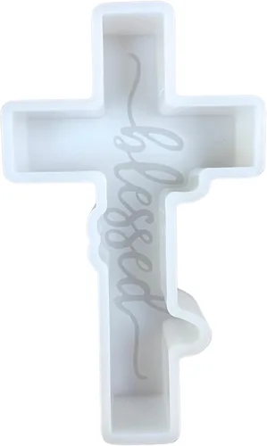 Molde de silicona Freshie de cruz con bendito en cursiva para automóvil, 5 x 2.75 x 1.2 pulgadas, molde religioso cristiano Jesús para cuentas