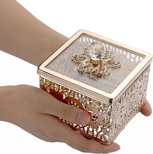 Miniatura 5 de Hipiwe Caja de Joyería de Metal Tallada con Tapa de Vidrio, Organizador Cuadrado de Baratijas con Espejo Dorado, Cofre del Tesoro para Anillos
