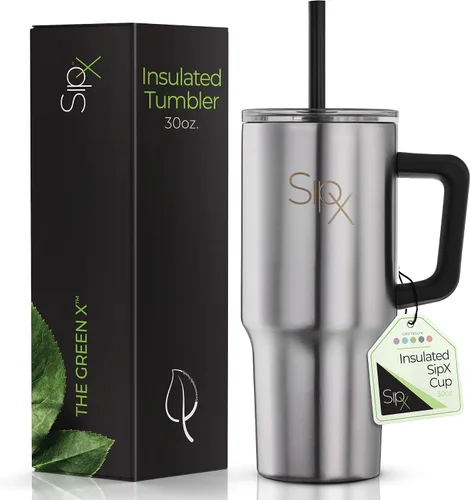 Miniatura 20 de SipX™ Vaso aislado de 30 onzas con asa y pajita, acero inoxidable aislado al vacío, a prueba de fugas, apto para portavasos - Perfecto para café
