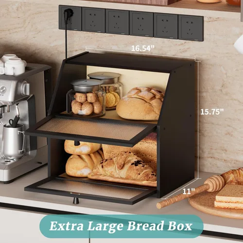 Miniatura 2 de Caja de pan extra grande negra para mostrador de cocina, caja de pan de bambú de doble capa grande, capacidad de almacenamiento de pan de madera