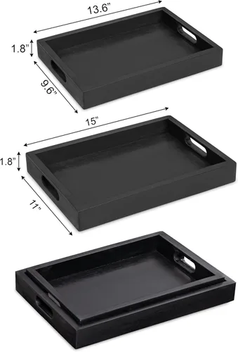 Miniatura 3 de Bandeja rectangular de madera de acacia negra con asas, juego de 2 (15 x 11 pulgadas y 13 x 10 pulgadas), bandeja grande para otomana, desayuno